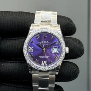 Datejust Purple Sunray Dial with Roman Numerals   Diamond Bezel  Oyster Bracelet