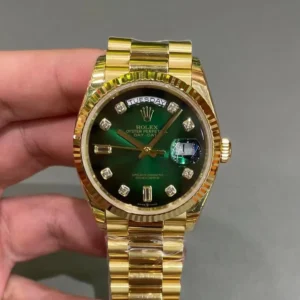 Day Date 40mm Yellow Gold Olive Green Dial   Diamond Markers  President Bracelet