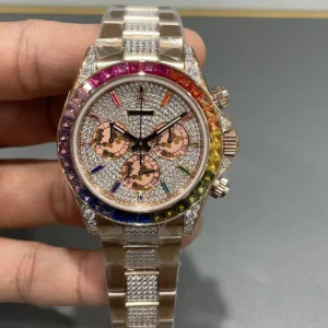Rolex Daytona Everose Gold Full Diamond Pave Dial Rainbow Bezel