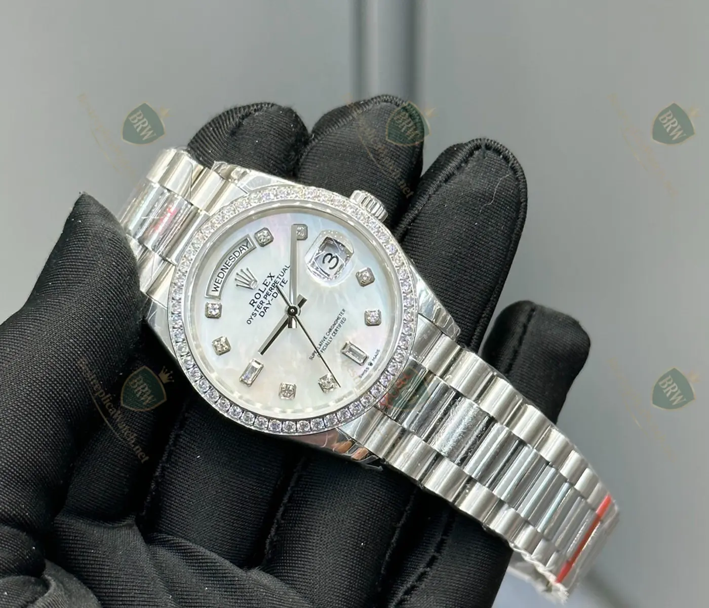 White Mother of Pearl Dial Diamond Bezel Baguette Markers President Bracelet - Image 2